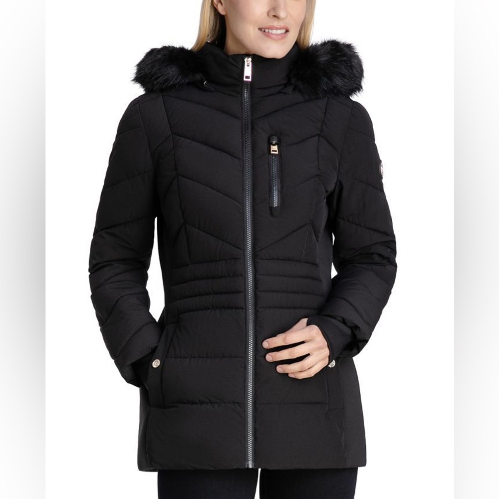 Michael Kors Women's Hooded Faux Fur-Trim Puffer Jacket 2X Black